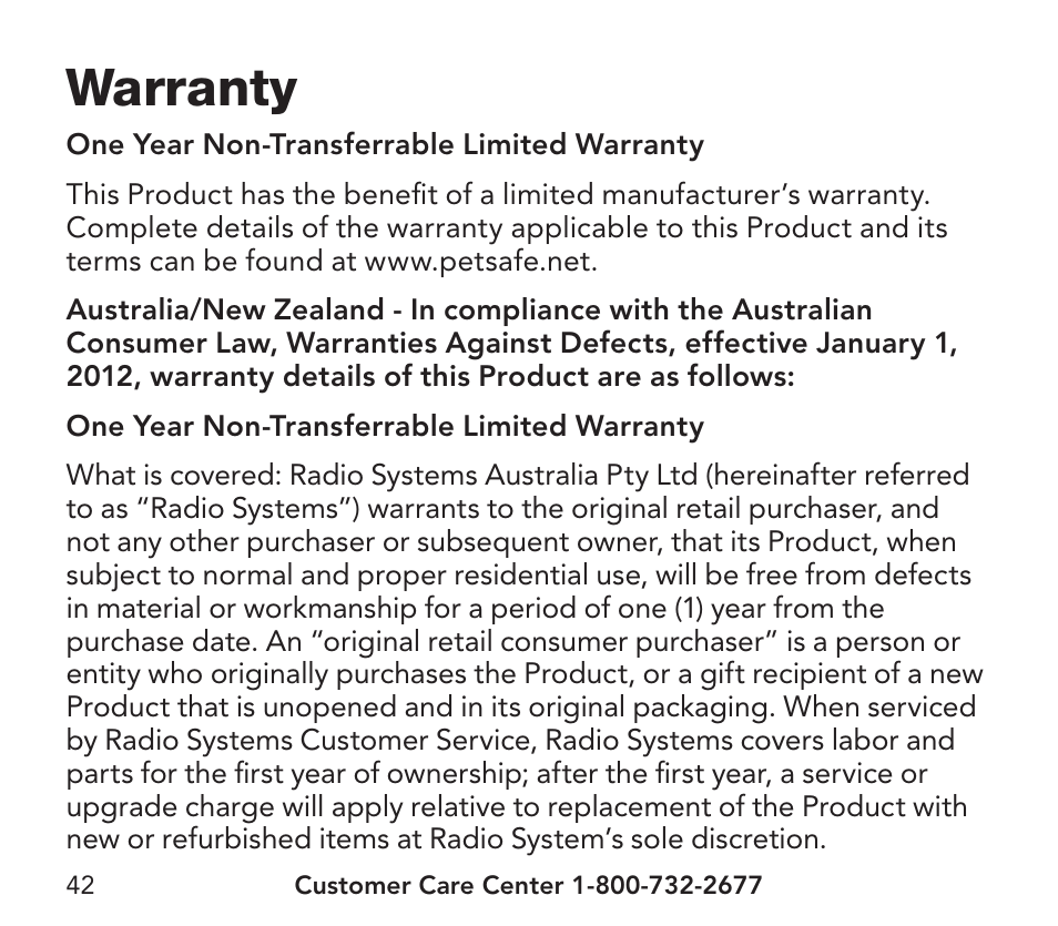 Warranty | Petsafe YardMax™ Rechargeable In-Ground Fence Add-A-Dog® Extra Receiver Collar User Manual | Page 42 / 44