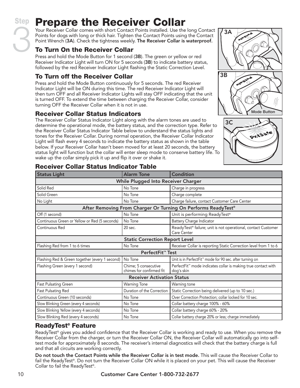 Prepare the receiver collar, Step, Receiver collar status indicators | Receiver collar status indicator table, Readytest, Feature | Petsafe YardMax™ Rechargeable In-Ground Fence™ User Manual | Page 10 / 36