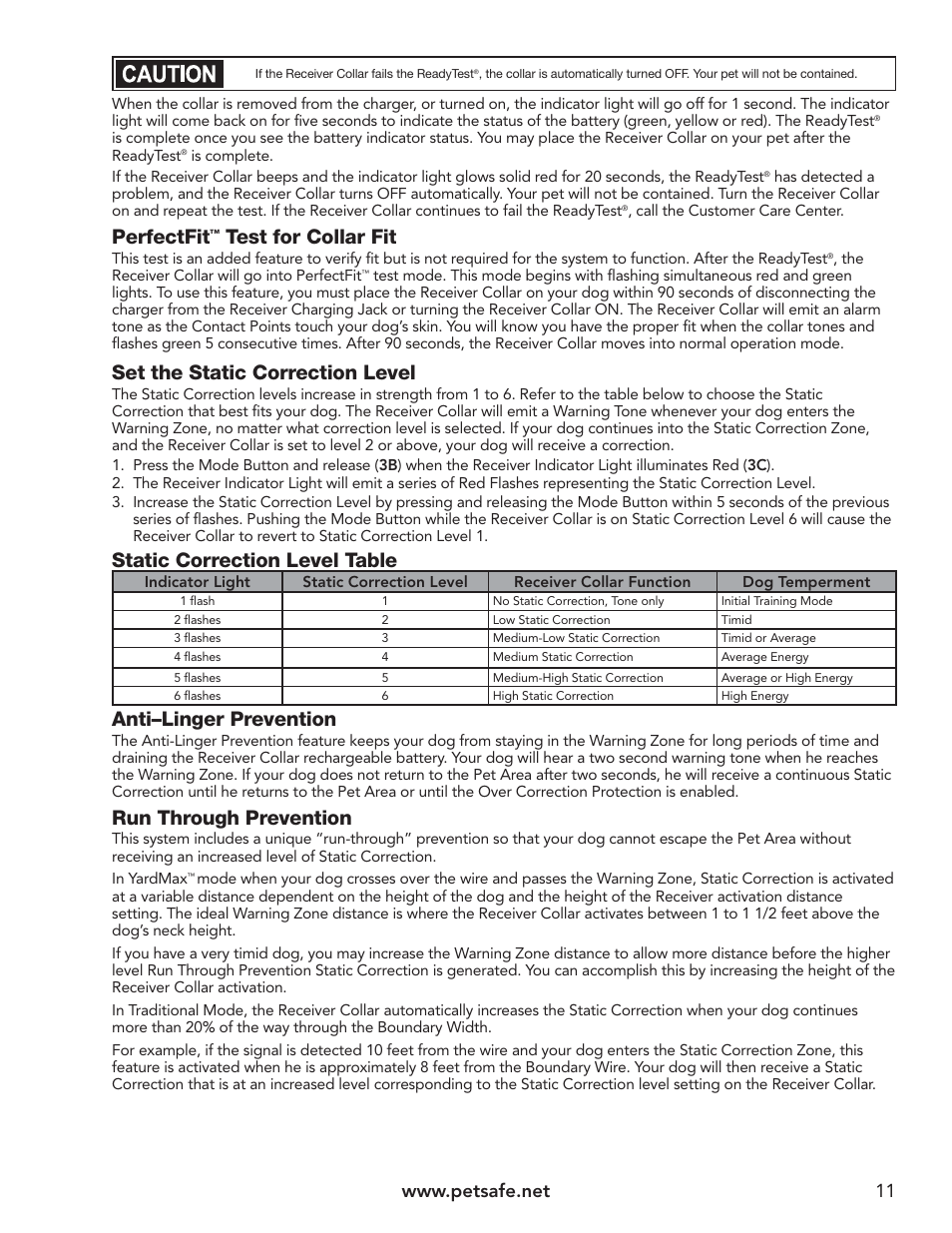 Perfectfit, Test for collar fit, Set the static correction level | Static correction level table, Anti–linger prevention, Run through prevention | Petsafe YardMax™ Rechargeable In-Ground Fence™ User Manual | Page 11 / 36