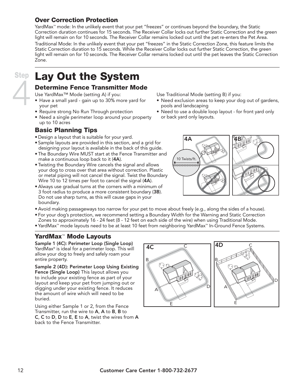 Lay out the system, Step, Over correction protection | Determine fence transmitter mode, Basic planning tips, Yardmax, Mode layouts | Petsafe YardMax™ Rechargeable In-Ground Fence™ User Manual | Page 12 / 36