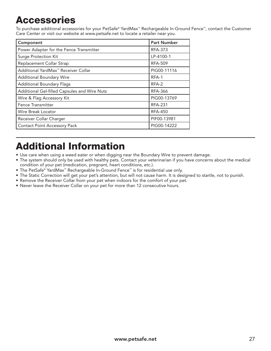 Accessories, Additional information | Petsafe YardMax™ Rechargeable In-Ground Fence™ User Manual | Page 27 / 36