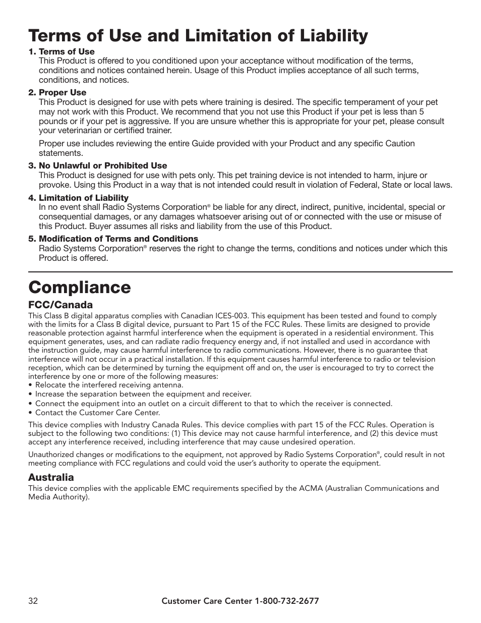 Terms of use and limitation of liability, Compliance | Petsafe YardMax™ Rechargeable In-Ground Fence™ User Manual | Page 32 / 36