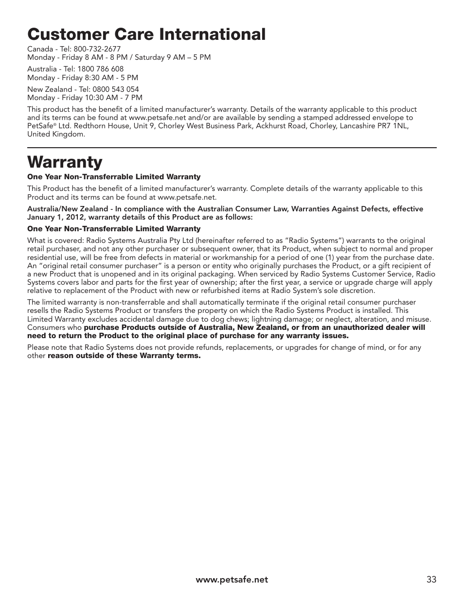 Customer care international, Warranty | Petsafe YardMax™ Rechargeable In-Ground Fence™ User Manual | Page 33 / 36