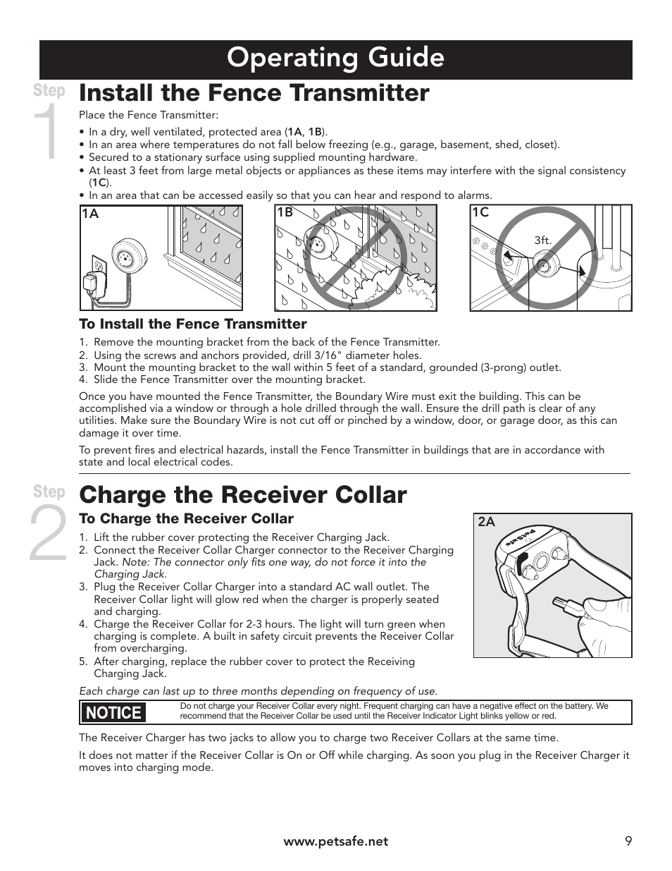 Operating guide, Install the fence transmitter, Charge the receiver collar | Step | Petsafe YardMax™ Rechargeable In-Ground Fence™ User Manual | Page 9 / 36
