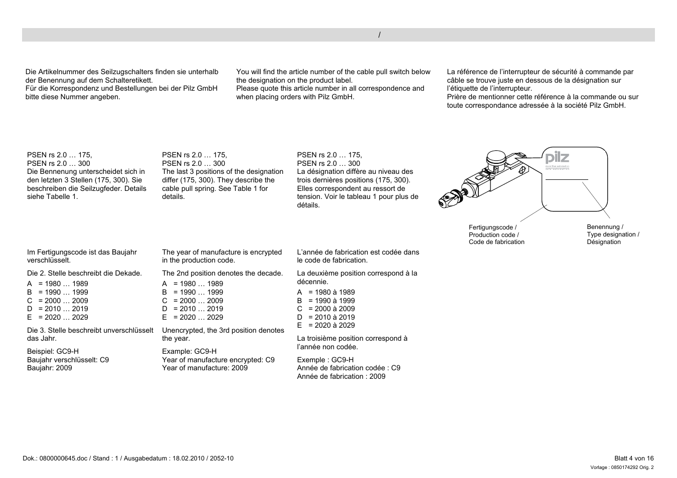 Pilz PSEN rs2.0-175 User Manual | Page 4 / 16