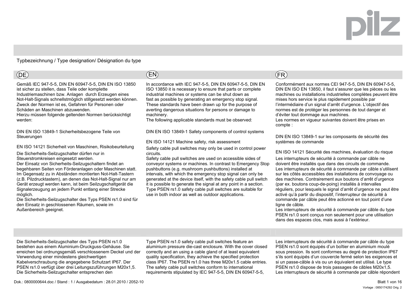 Pilz PSEN rs1.0-300 User Manual | 16 pages