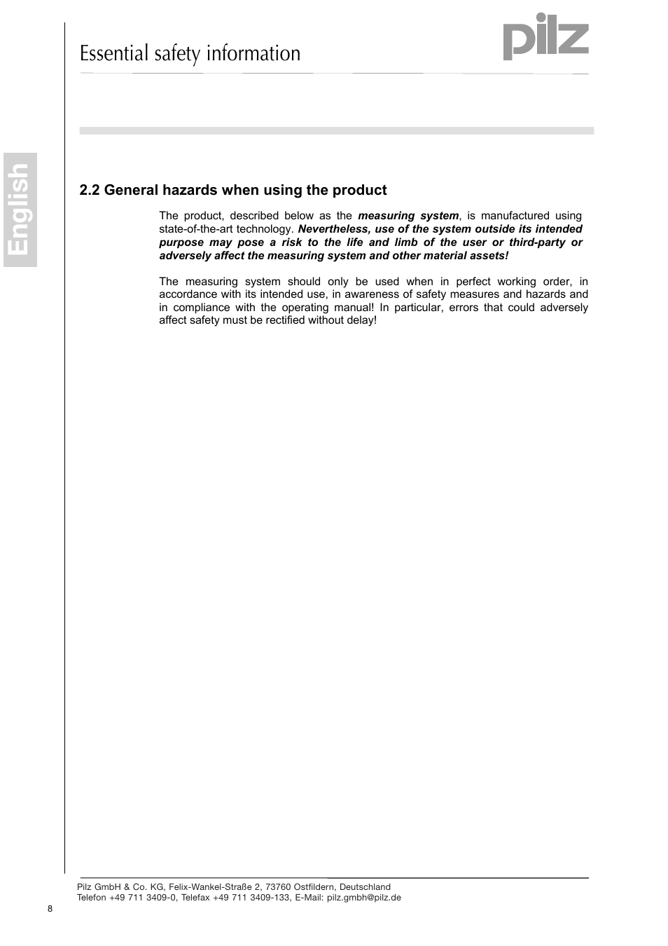 General hazards when using the product, English, Essential safety information | Pilz PSEN enc s2 eCAM User Manual | Page 10 / 46