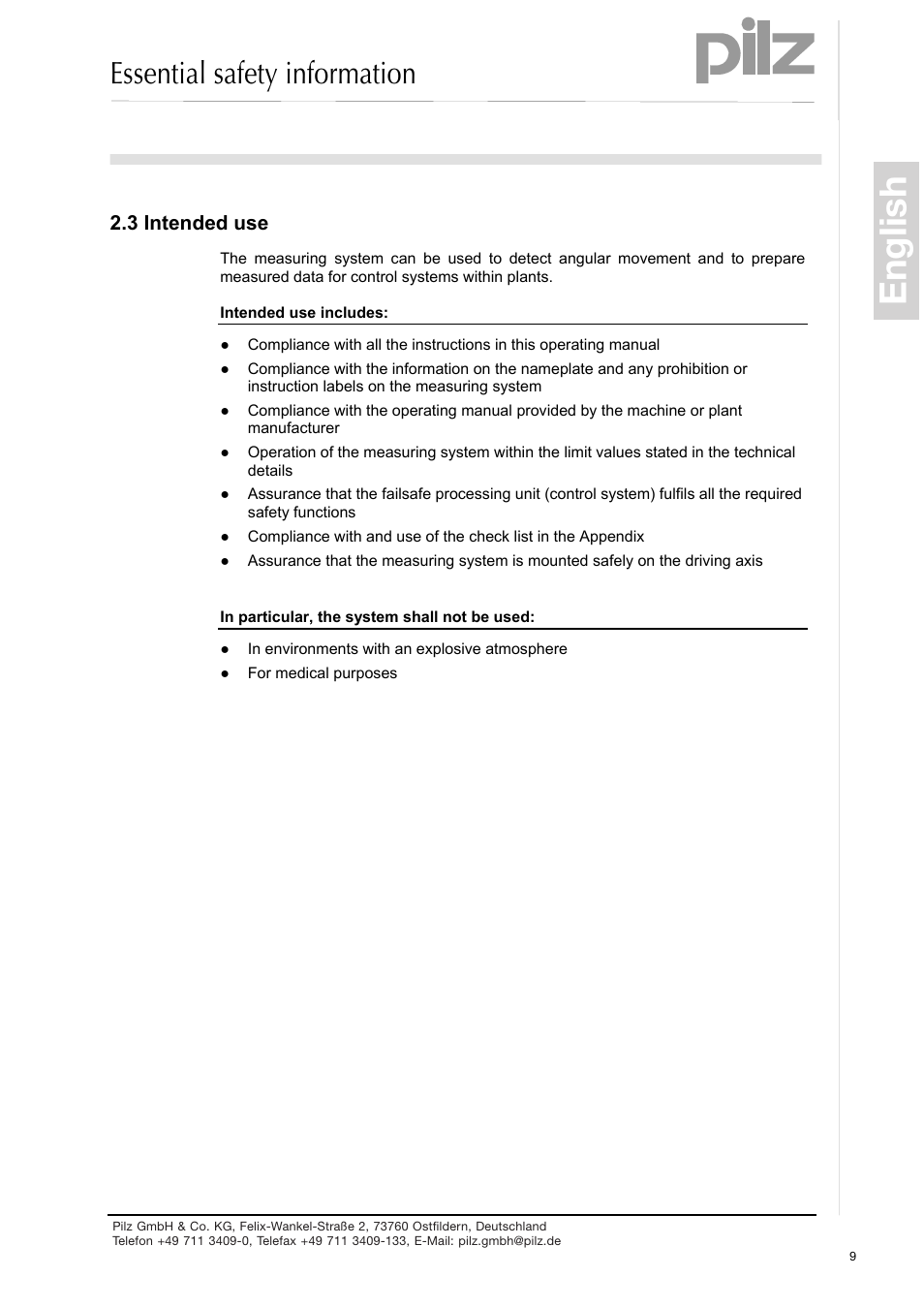 Intended use, English, Essential safety information | Pilz PSEN enc s2 eCAM User Manual | Page 11 / 46