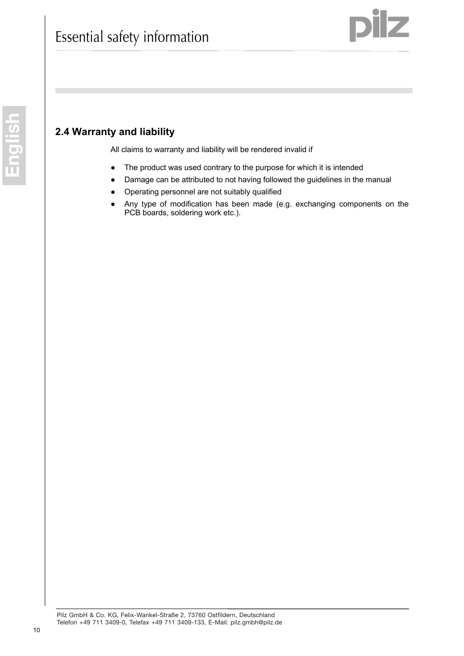 Warranty and liability, English, Essential safety information | Pilz PSEN enc s2 eCAM User Manual | Page 12 / 46