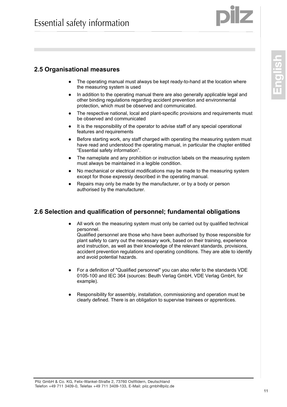 Organisational measures, English, Essential safety information | Pilz PSEN enc s2 eCAM User Manual | Page 13 / 46