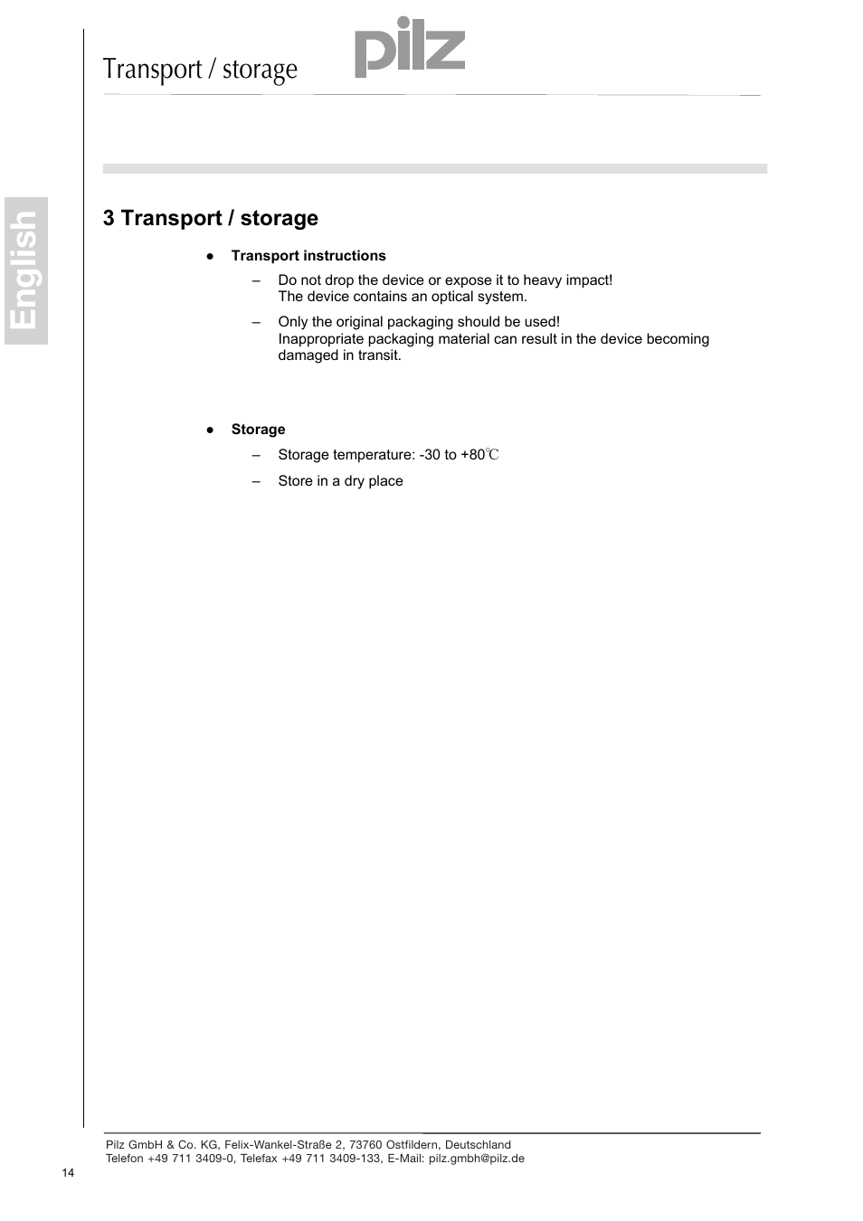 3 transport / storage, English, Transport / storage | Pilz PSEN enc s2 eCAM User Manual | Page 16 / 46