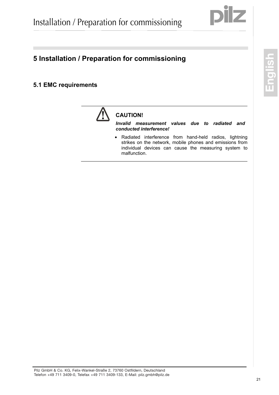 5 installation / preparation for commissioning, Emc requirements, English | Installation / preparation for commissioning | Pilz PSEN enc s2 eCAM User Manual | Page 23 / 46
