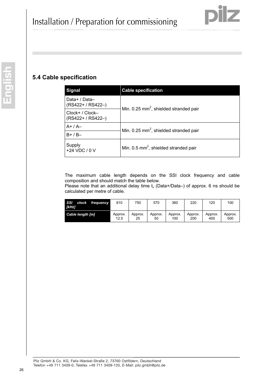 Cable specification, English, Installation / preparation for commissioning | 4 cable specification | Pilz PSEN enc s2 eCAM User Manual | Page 28 / 46