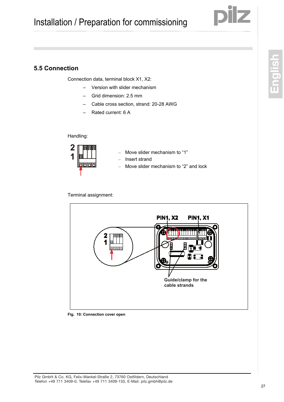 Connection, English, Installation / preparation for commissioning | Pilz PSEN enc s2 eCAM User Manual | Page 29 / 46