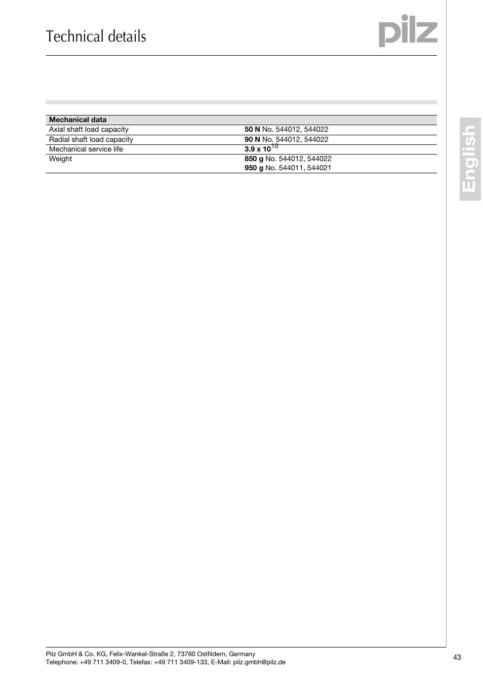 English, Technical details | Pilz PSEN enc s2 eCAM User Manual | Page 45 / 46