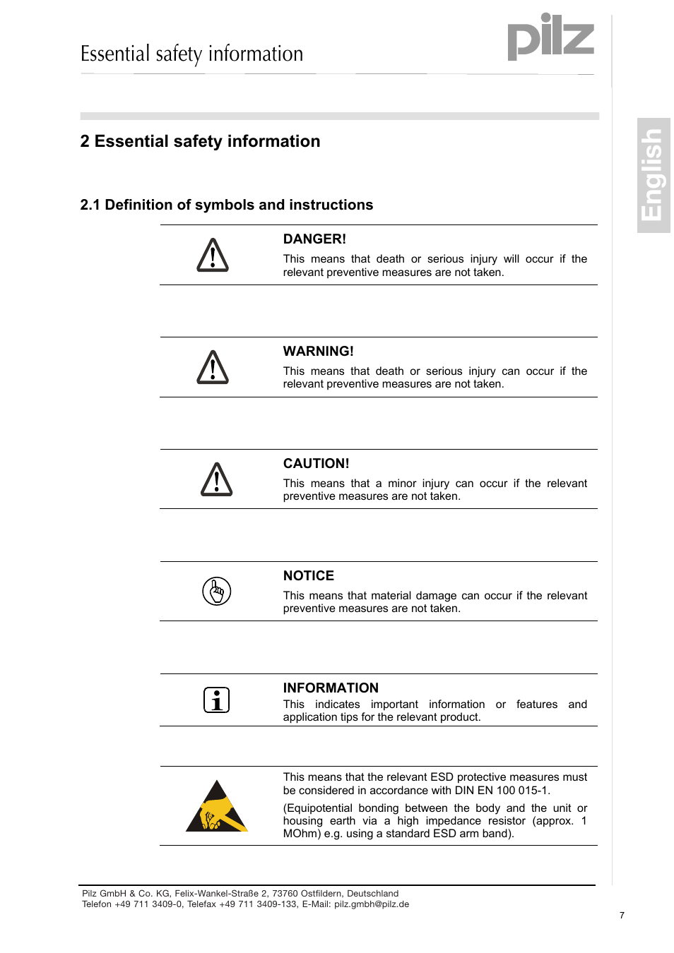 2 essential safety information, Definition of symbols and instructions, English | Essential safety information | Pilz PSEN enc s2 eCAM User Manual | Page 9 / 46