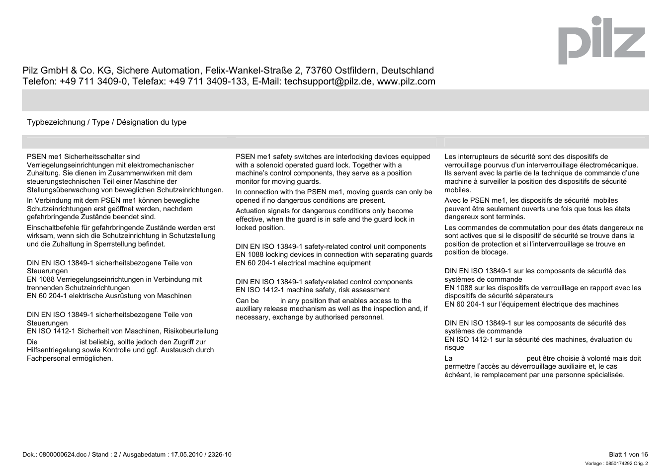 Pilz PSEN me1.21S / 1AR User Manual | 16 pages