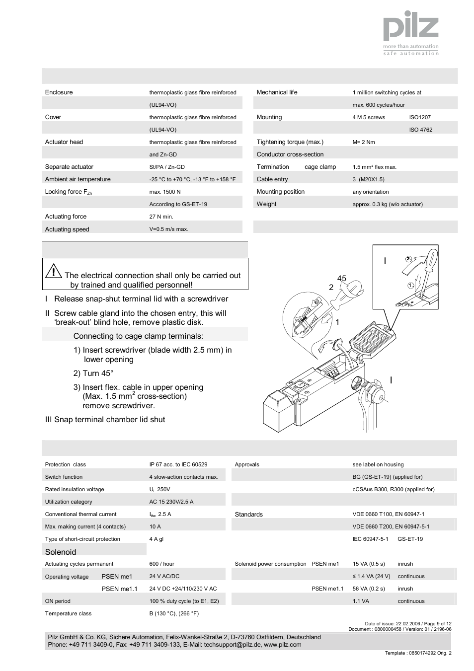 Installation and operating instructions, Electrical connection, Mechanical data | Solenoid | Pilz PSEN me1.21S / 1AR User Manual | Page 3 / 6