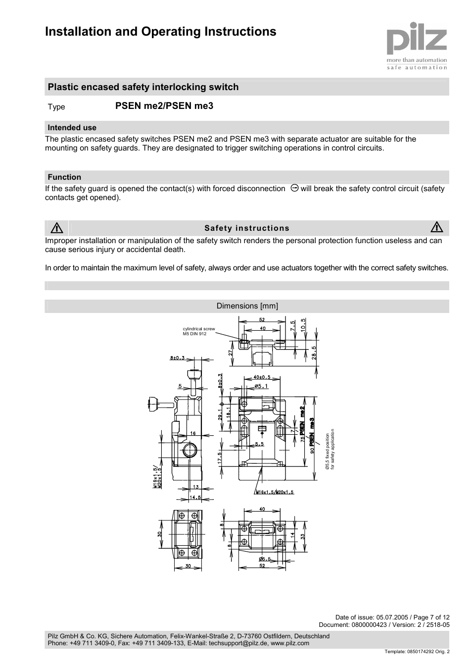 Pilz PSENme 3.2 / 2AR User Manual | 6 pages