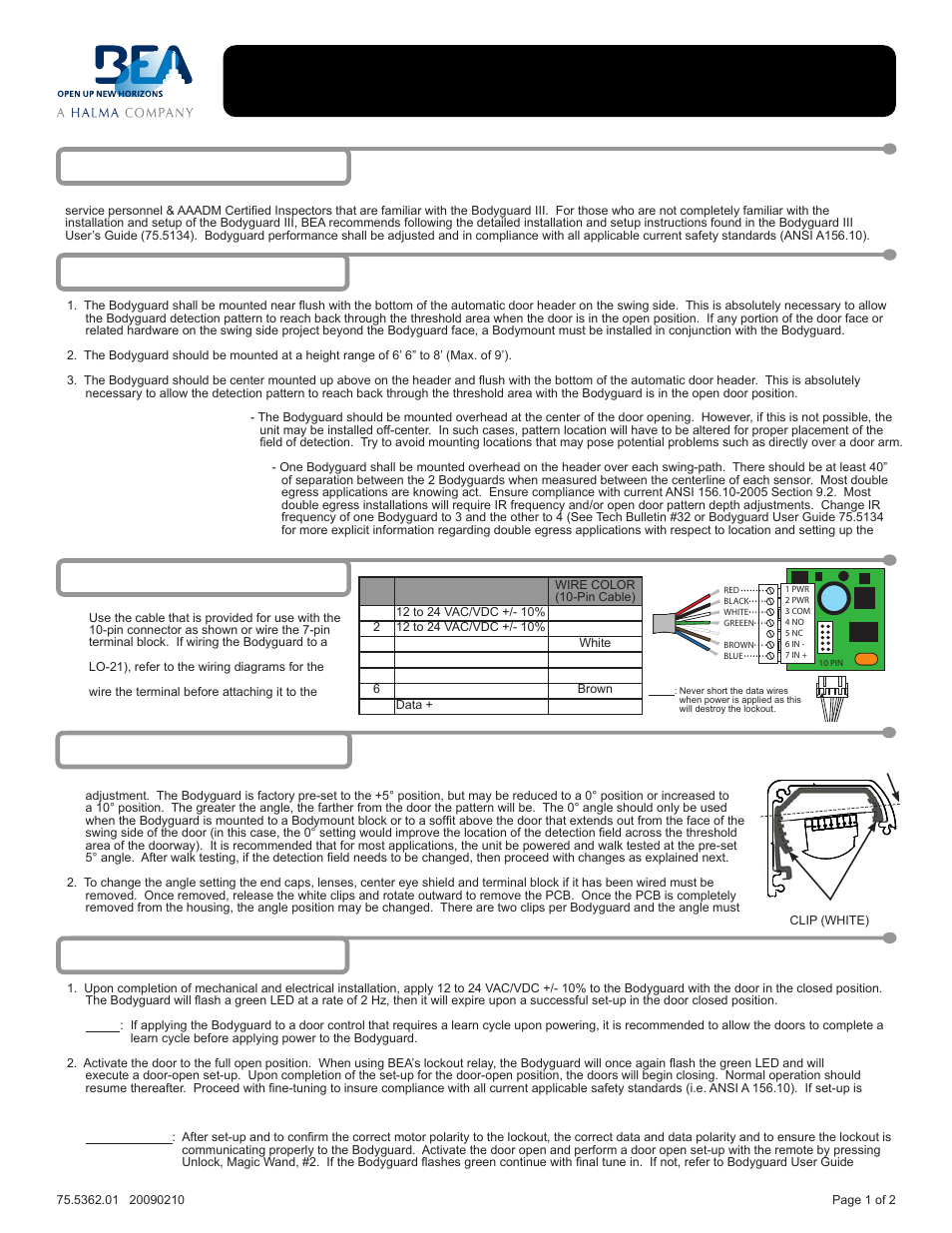 BEA BODYGUARD III GT 400 User Manual | 2 pages