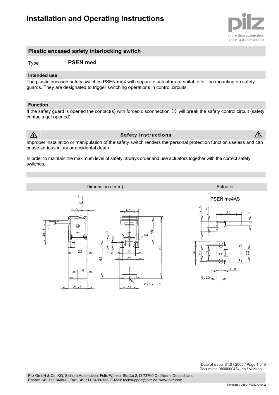 Pilz PSENme 4.2 / 4A User Manual | 5 pages
