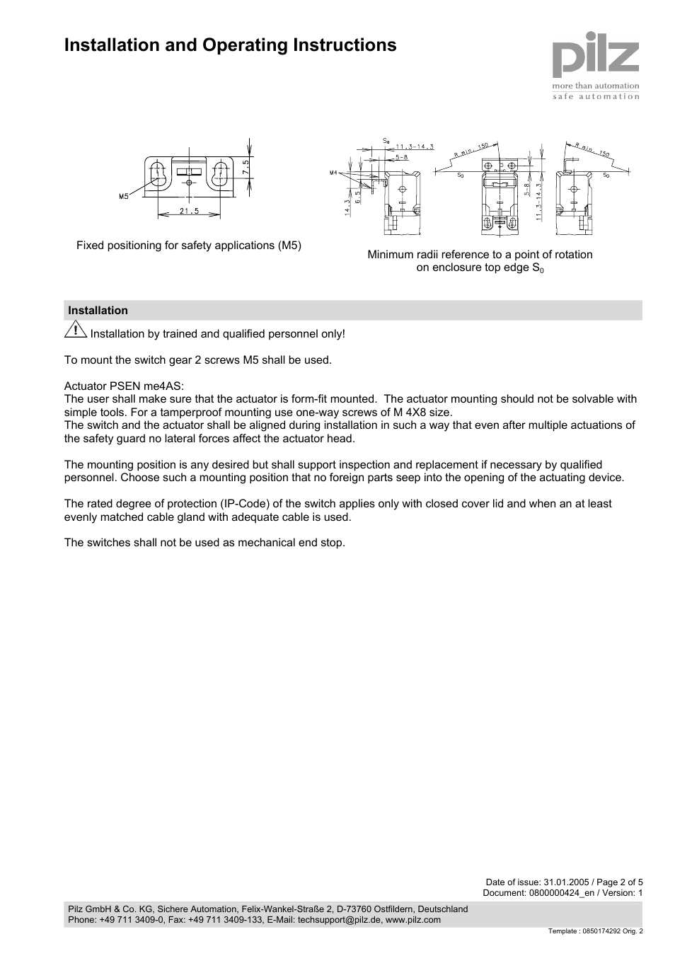 Installation and operating instructions | Pilz PSENme 4.2 / 4A User Manual | Page 2 / 5