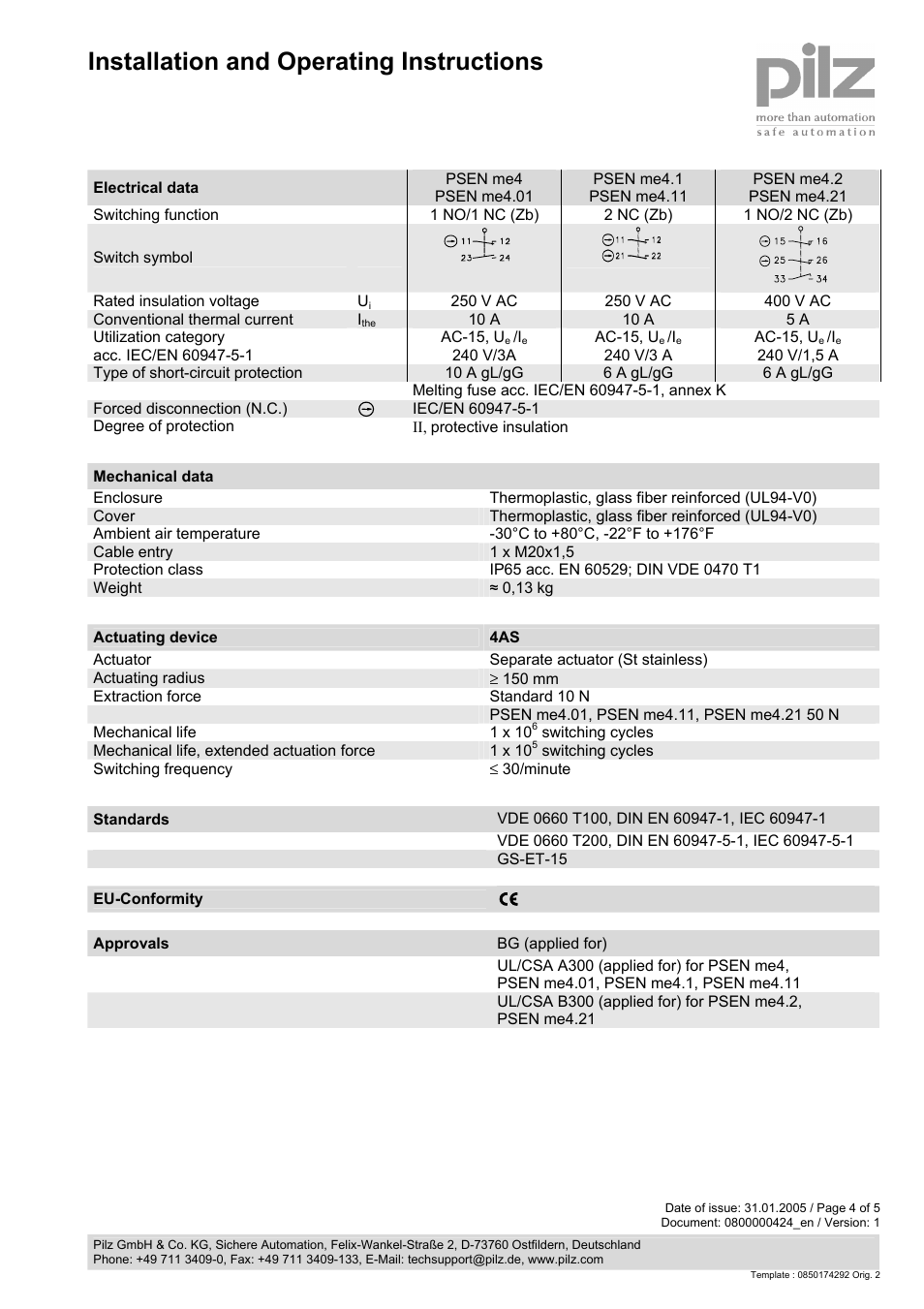 Installation and operating instructions | Pilz PSENme 4.2 / 4A User Manual | Page 4 / 5