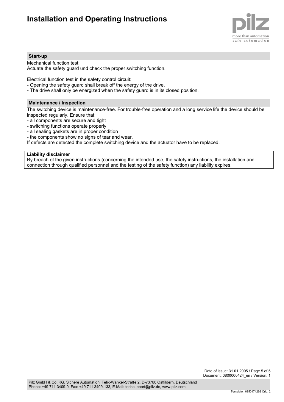 Installation and operating instructions | Pilz PSENme 4.2 / 4A User Manual | Page 5 / 5