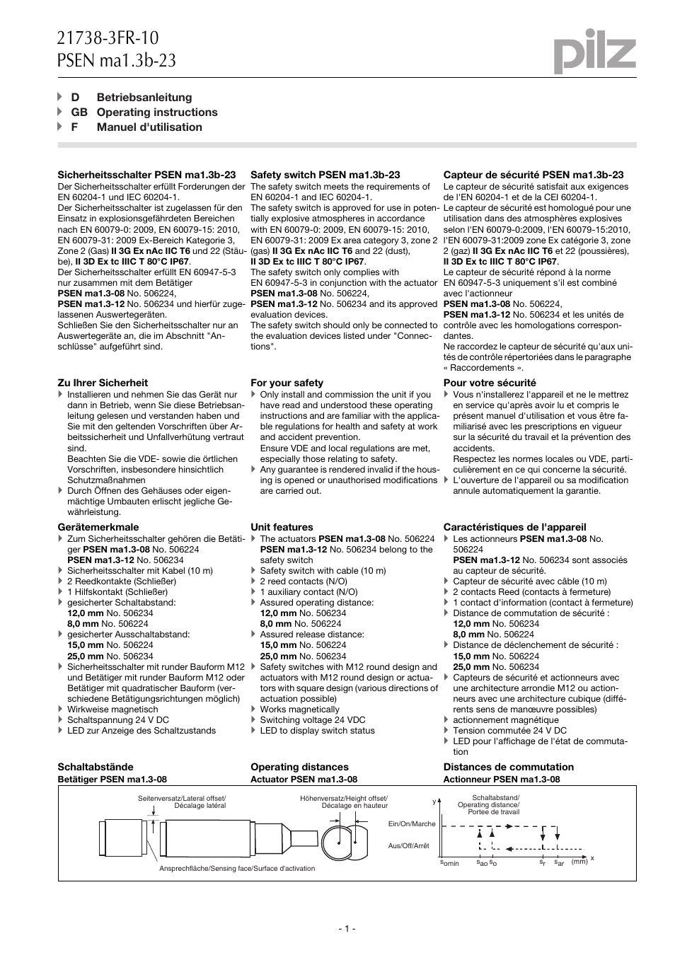 Pilz PSEN ma1.3b-23/PSEN ma1.3-12/12mm/1unit User Manual | 10 pages