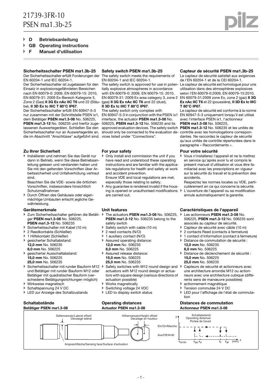 Pilz PSEN ma1.3b-25/PSEN ma1.3-12/12mm/ix1/1u User Manual | 10 pages