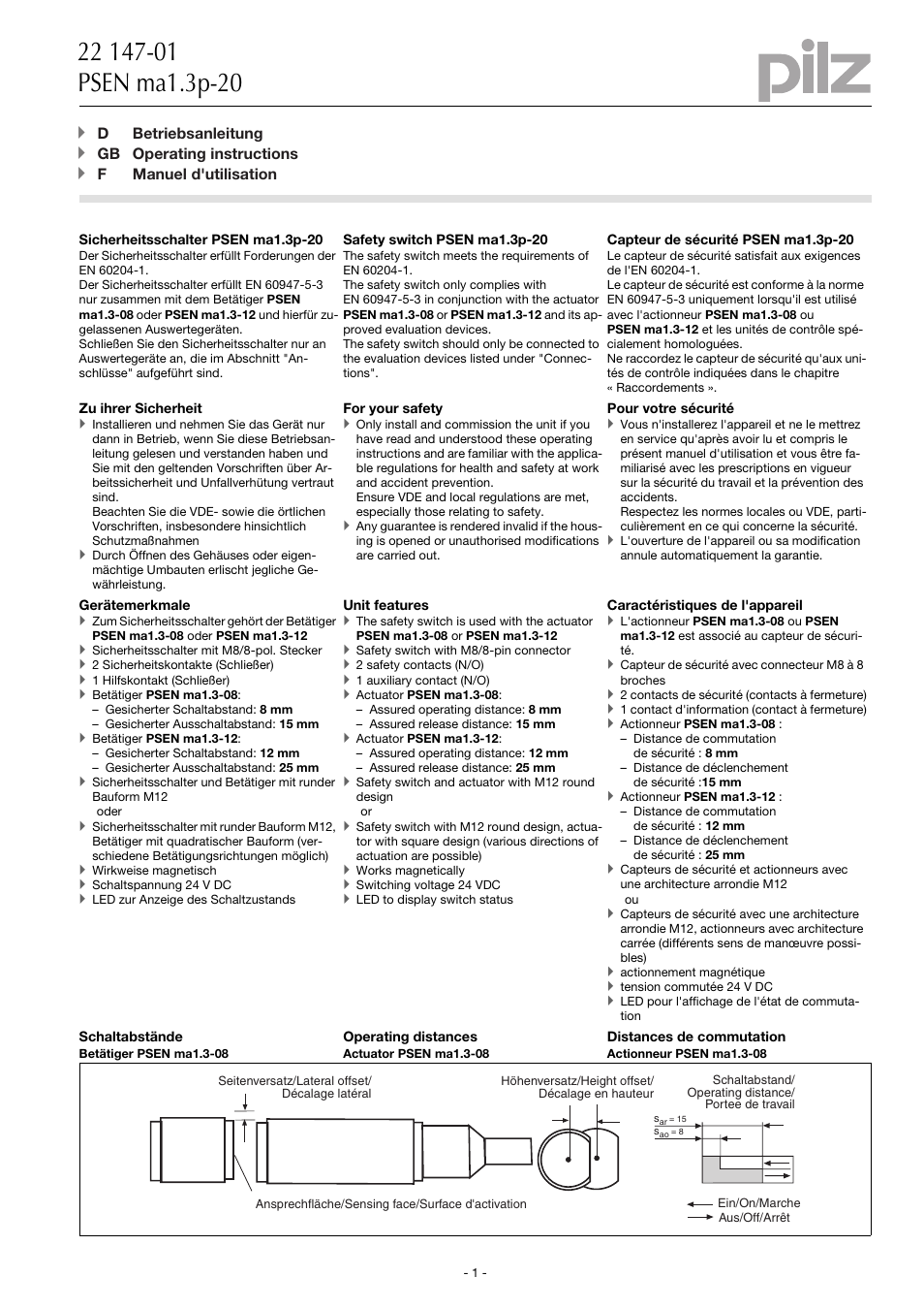 Pilz PSEN ma1.3p-20/PSEN ma1.3-12/12mm/1unit User Manual | 10 pages