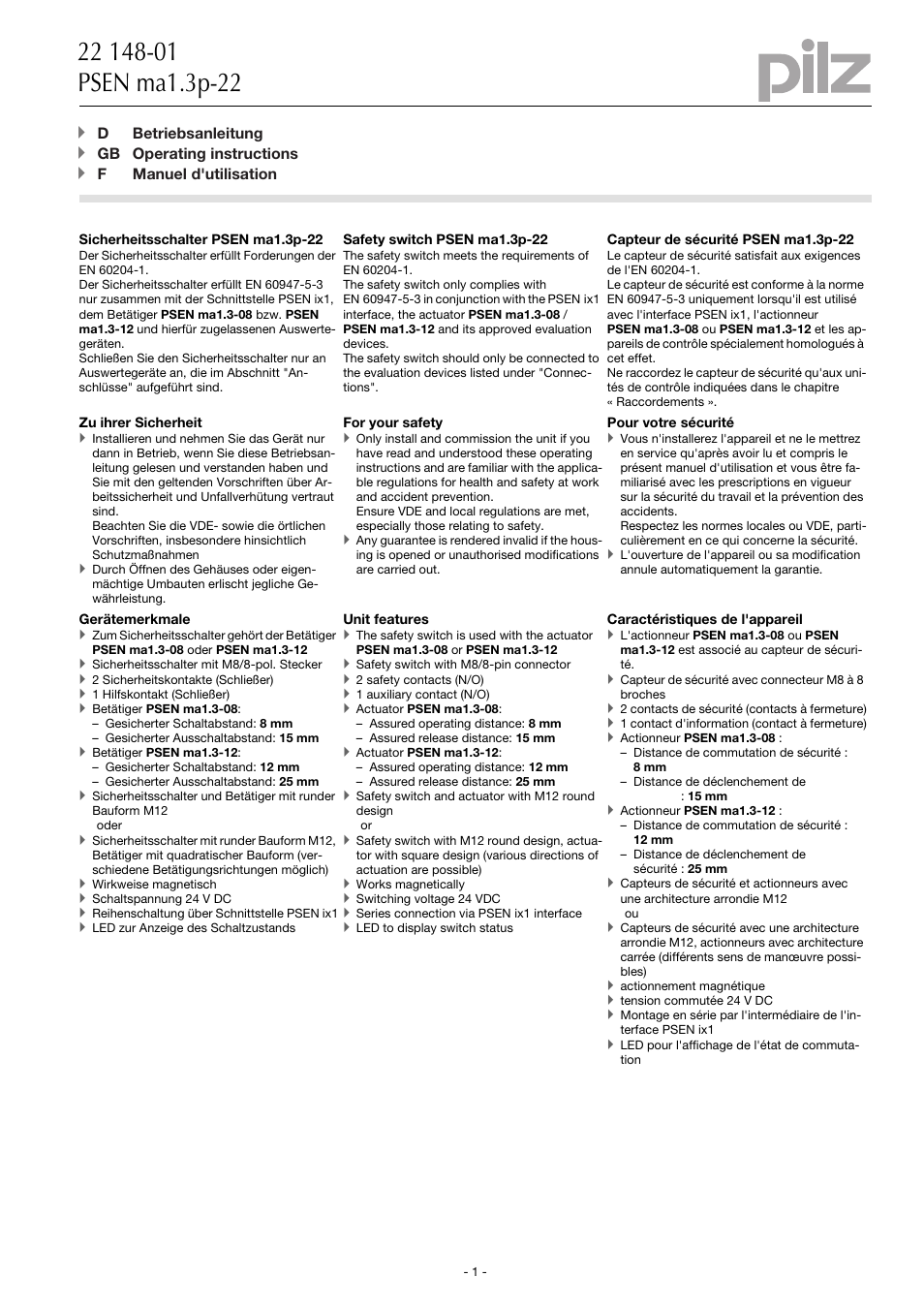 Pilz PSEN ma1.3p-22/PSEN ma1.3-12/12mm/ix1/1u User Manual | 10 pages