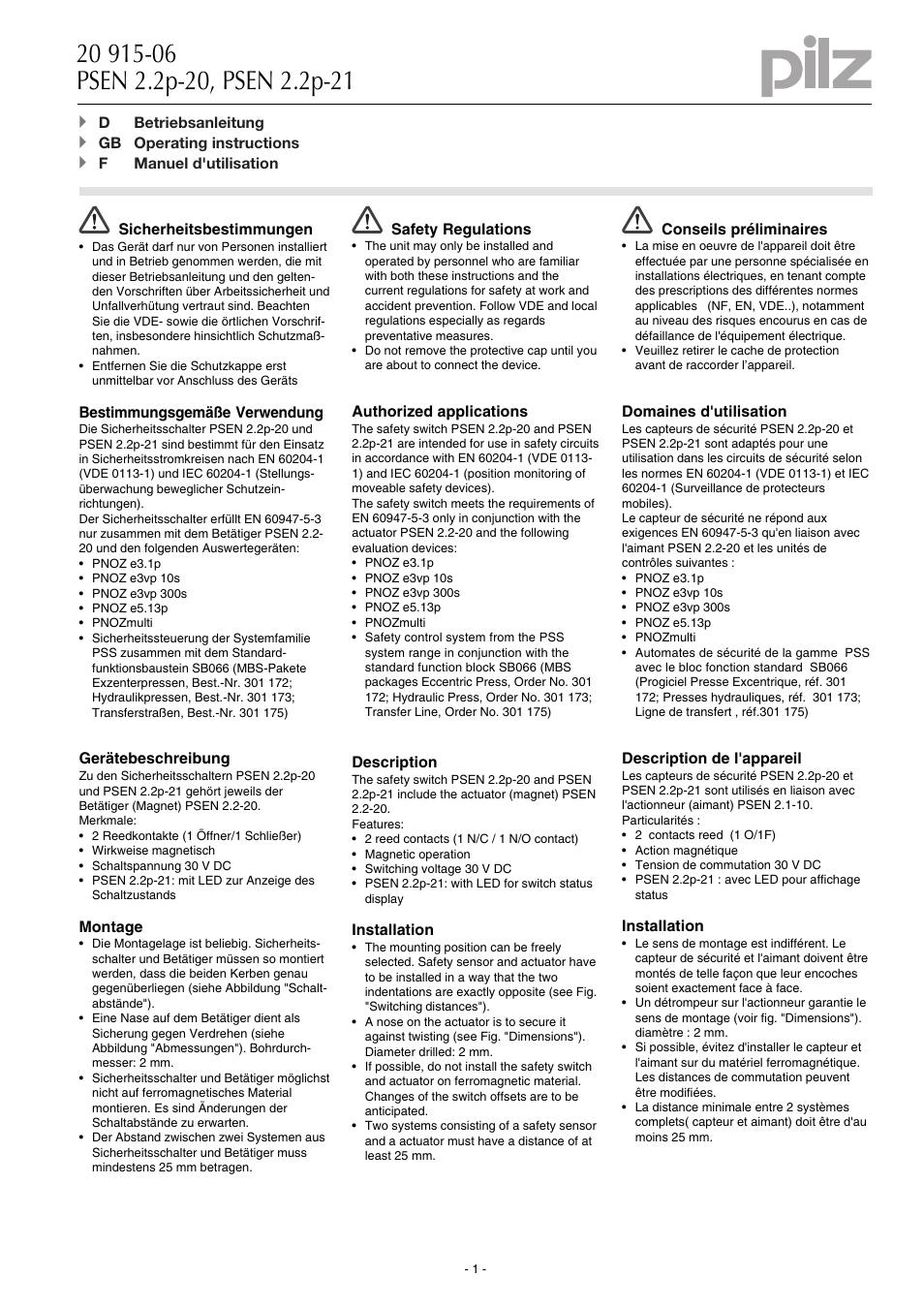 Pilz PSEN 2.2p-21/LED/8mm 1 switch User Manual | 6 pages