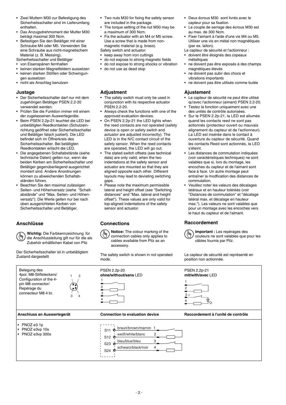 Justage, Adjustment, Ajustement | Raccordement, Anschlüsse, Connections | Pilz PSEN 2.2p-21/LED/8mm 1 switch User Manual | Page 2 / 6