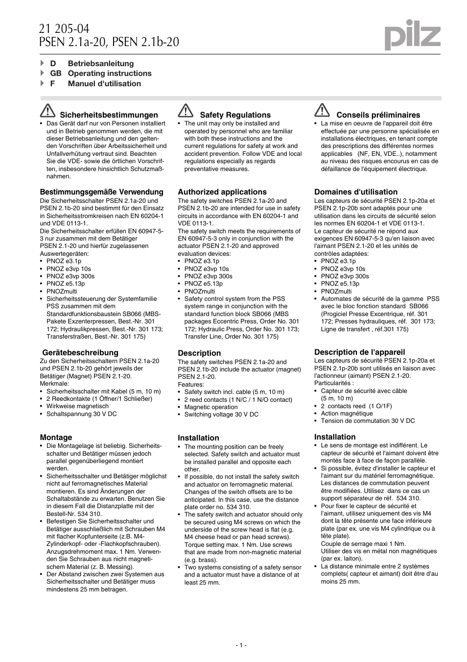 Pilz PSEN 2.1b-20/8mm/10m/ 1switch User Manual | 6 pages