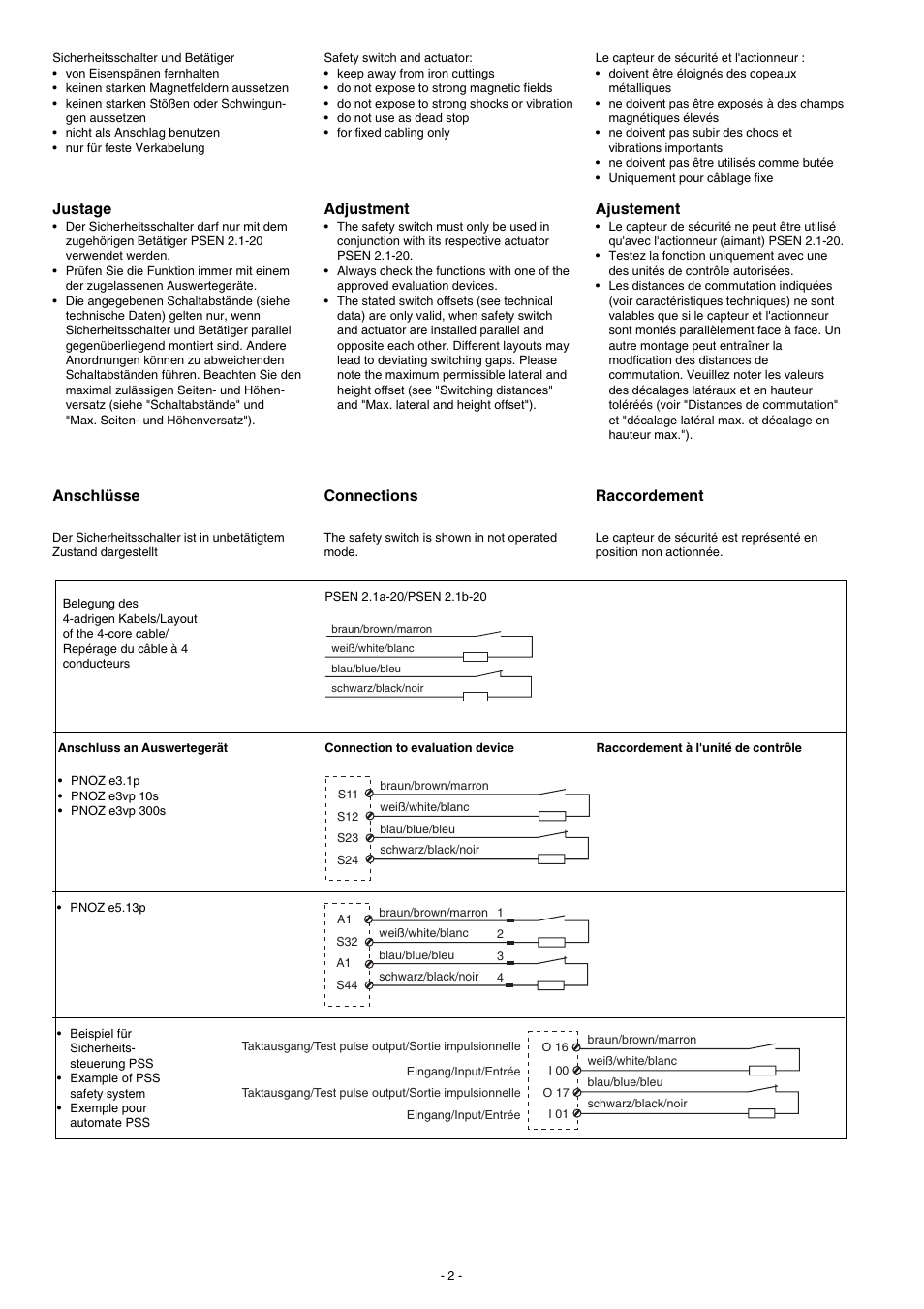 Justage, Anschlüsse, Adjustment | Connections, Ajustement, Raccordement | Pilz PSEN 2.1b-20/8mm/10m/ 1switch User Manual | Page 2 / 6