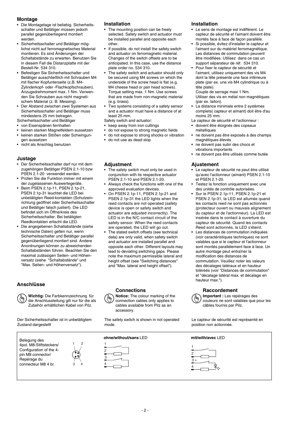 Montage, Installation, Adjustment | Connections installation, Ajustement, Raccordement justage, Anschlüsse | Pilz PSEN 2.1p-21/8mm/LED/1switch User Manual | Page 2 / 6