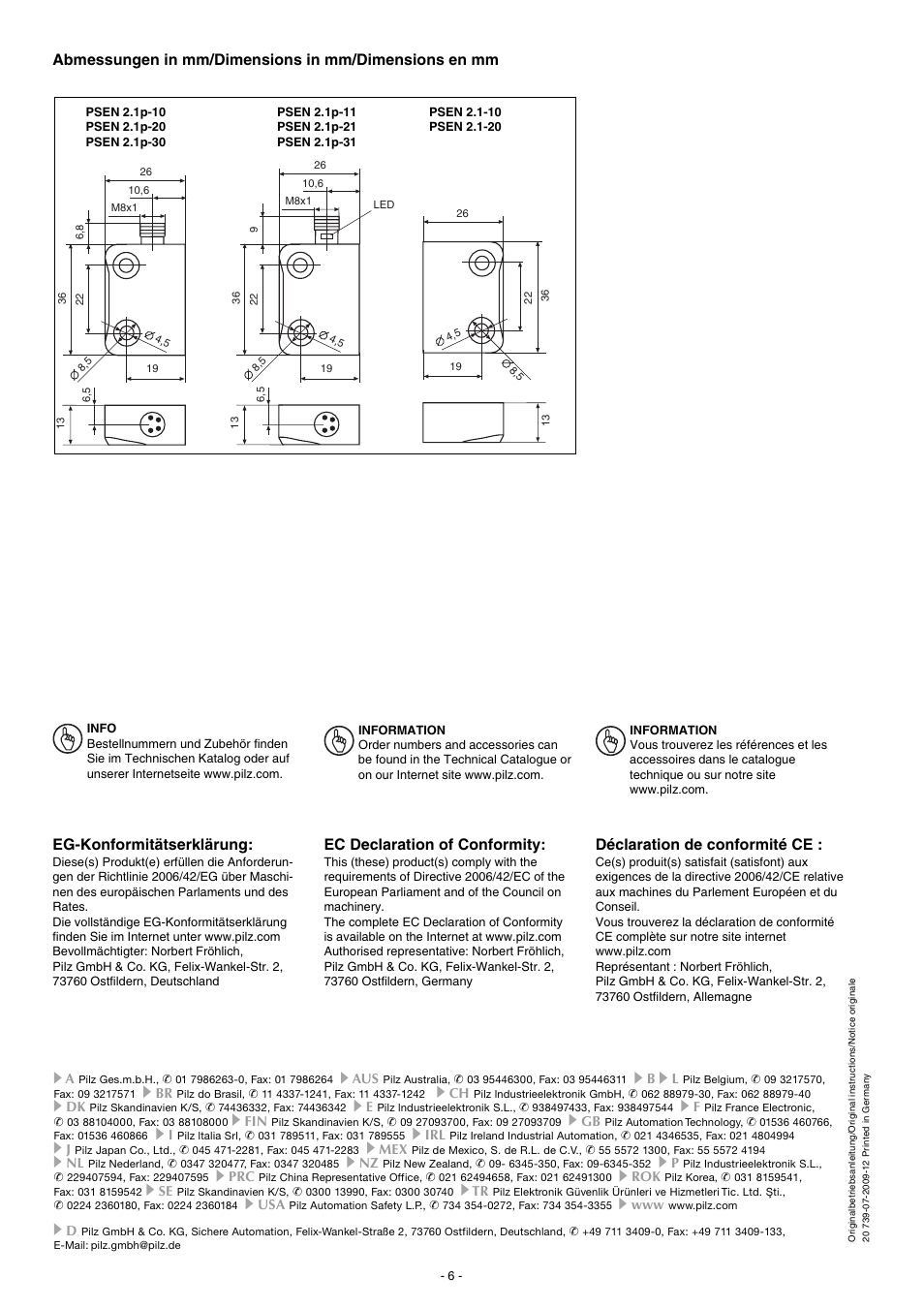 Eg-konformitätserklärung, Ec declaration of conformity, Déclaration de conformité ce | Pilz PSEN 2.1p-21/8mm/LED/1switch User Manual | Page 6 / 6