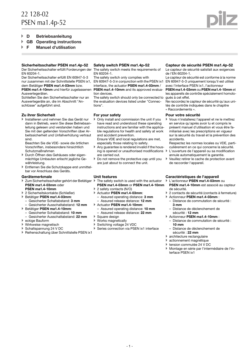 Pilz PSEN ma1.4p-52/PSEN ma1.4-10mm/ 1unit User Manual | 10 pages