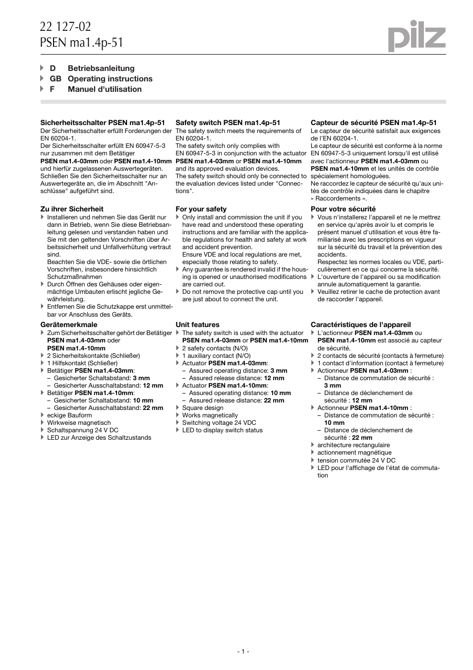 Pilz PSEN ma1.4p-51/PSEN ma1.4-10mm/ 1unit User Manual | 10 pages