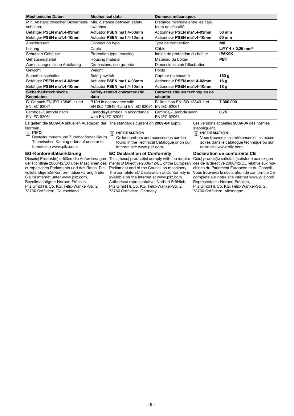 Pilz PSEN ma1.4p-51/PSEN ma1.4-10mm/ 1unit User Manual | Page 9 / 10