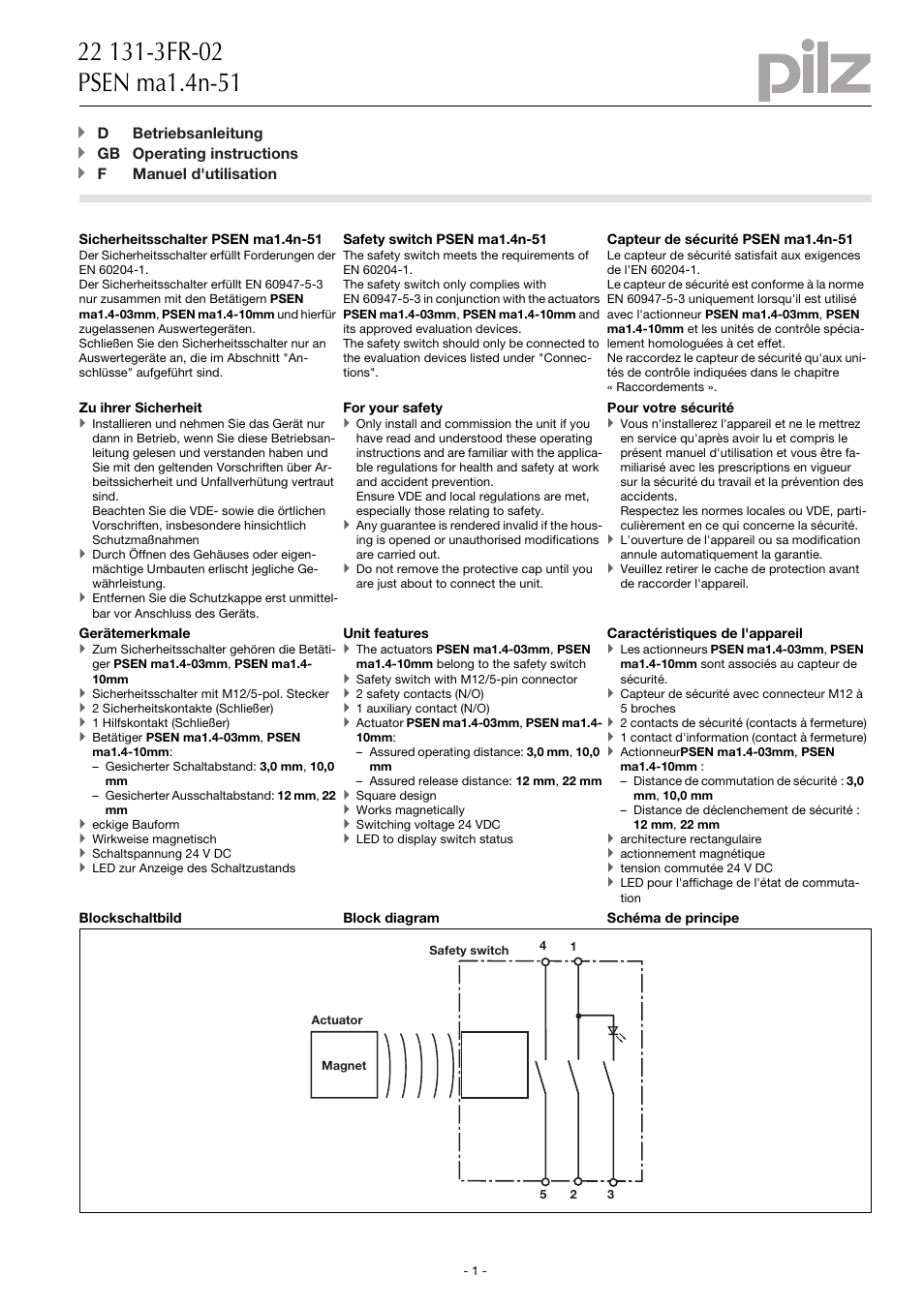 Pilz PSEN ma1.4-10mm 1actuator User Manual | 9 pages