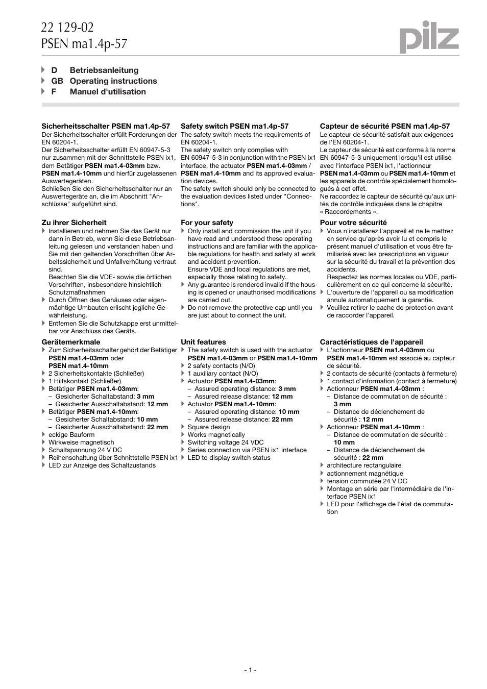 Pilz PSEN ma1.4p-57/PSEN ma1.4-03mm/ 1unit User Manual | 10 pages