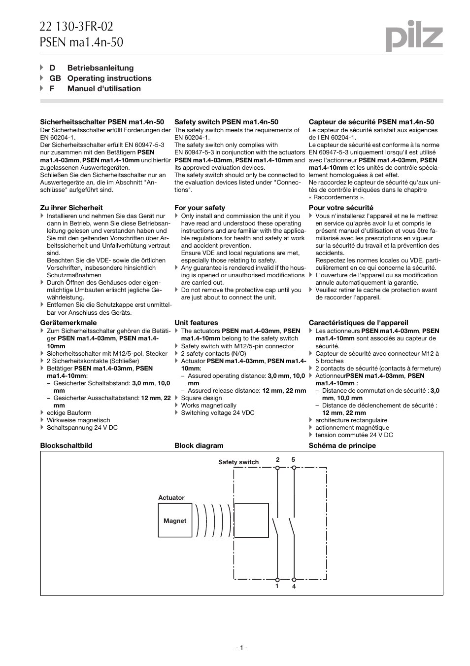 Pilz PSEN ma1.4n-50/ 1switch User Manual | 10 pages