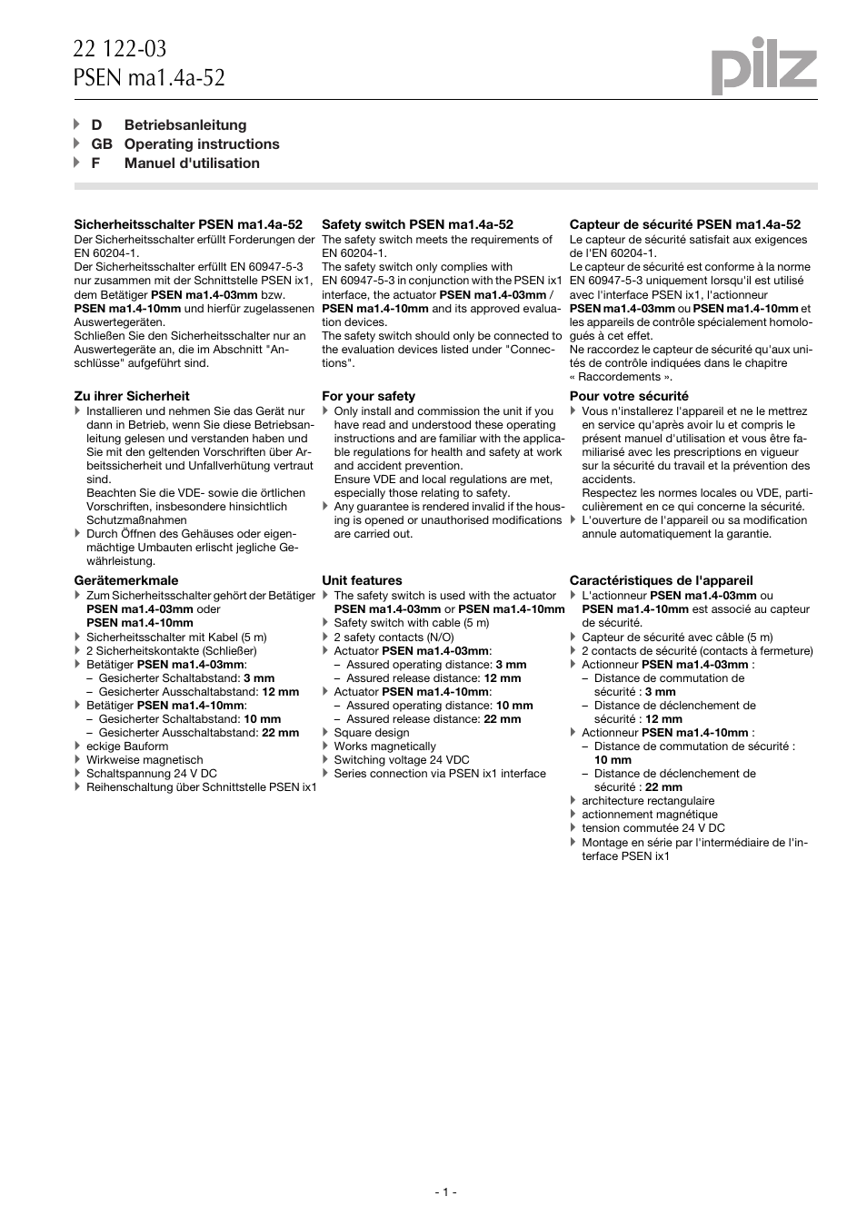 Pilz PSEN ma1.4a-52/PSEN ma1.4-10mm/ 1unit User Manual | 10 pages