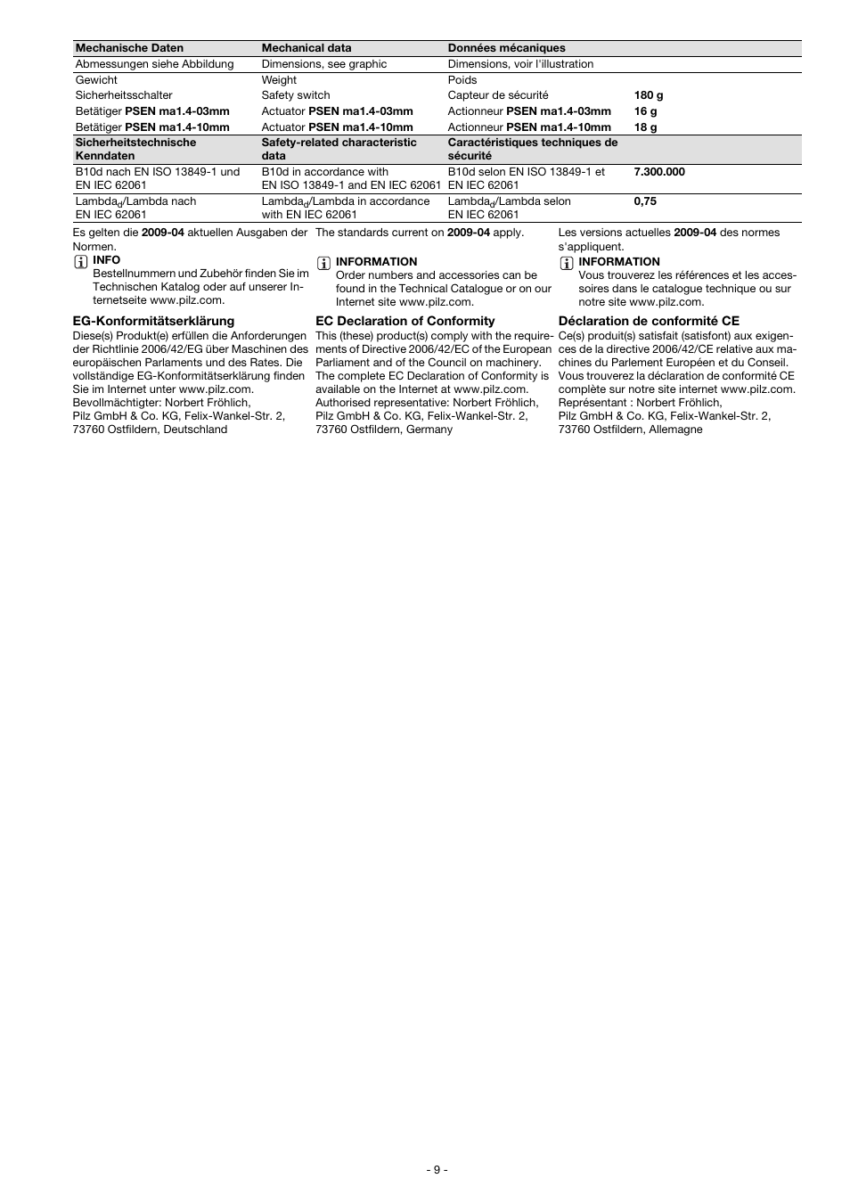 Pilz PSEN ma1.4a-52/PSEN ma1.4-10mm/ 1unit User Manual | Page 9 / 10