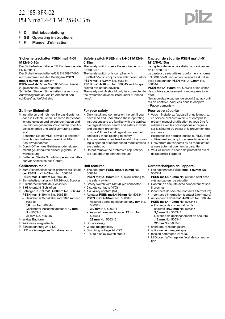 Pilz PSEN ma1.4-51M12/8-0.15m/PSENma1.4-10/1u User Manual | 10 pages