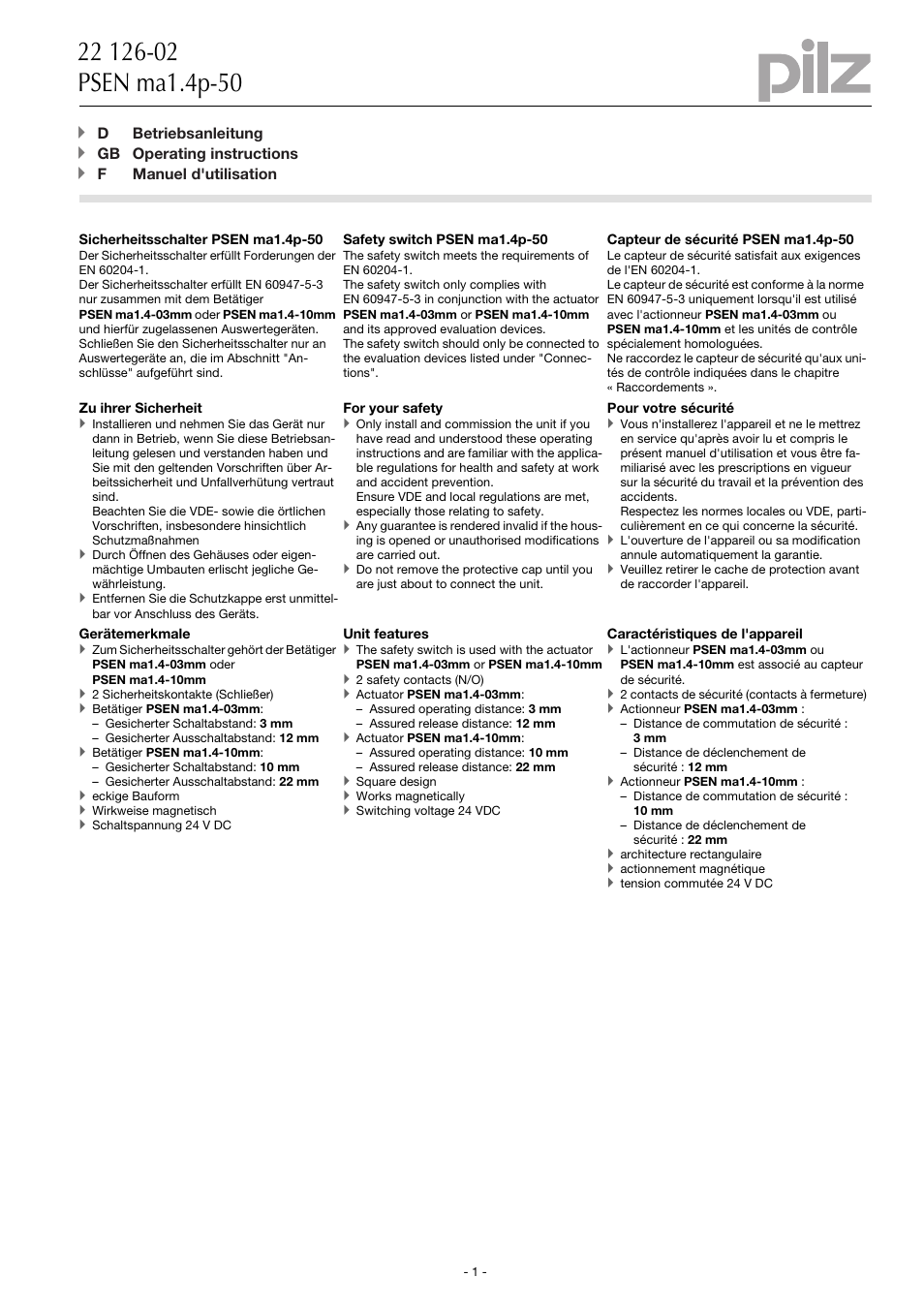 Pilz PSEN ma1.4p-50/PSEN ma1.4-10mm/ 1unit User Manual | 10 pages