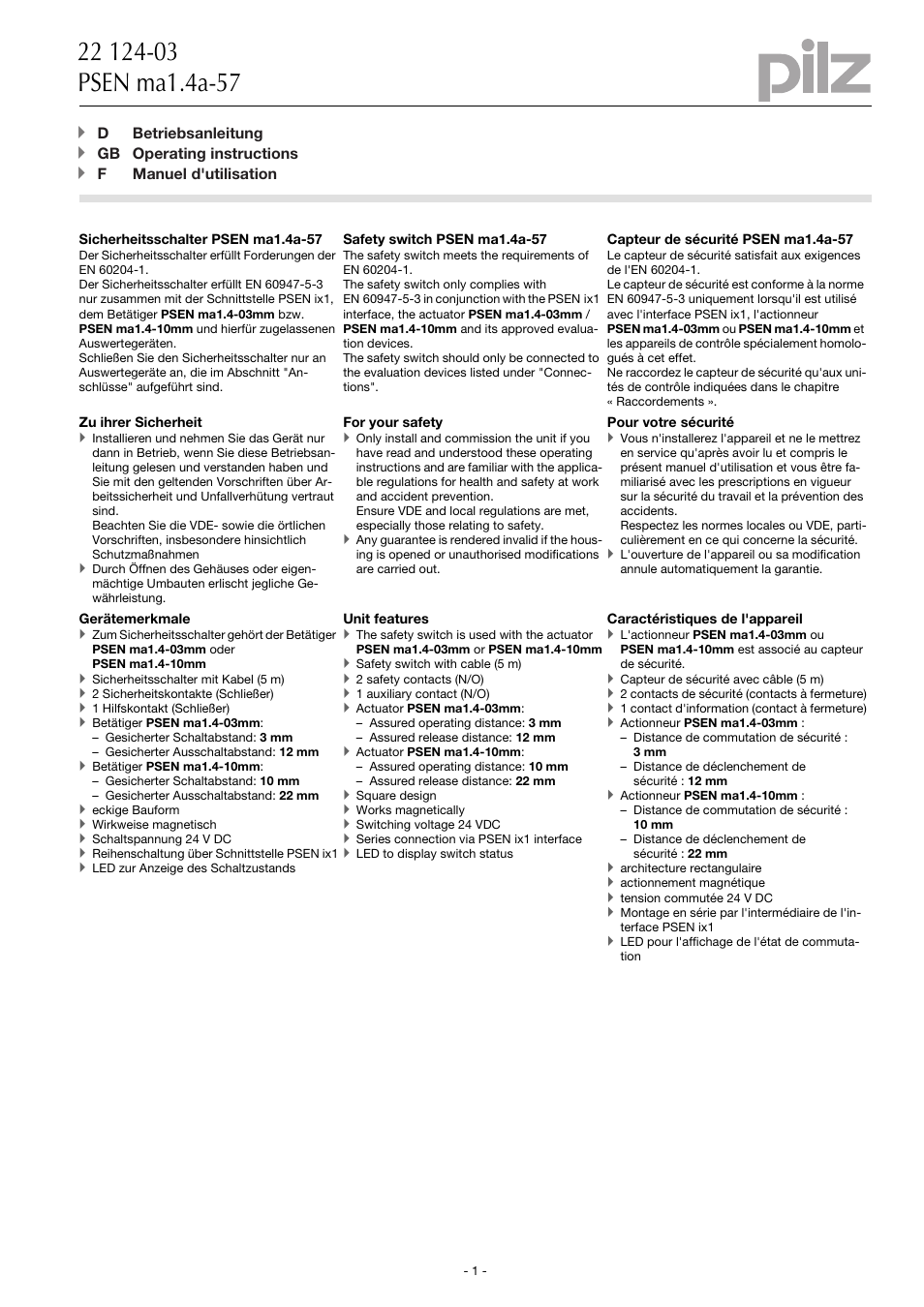 Pilz PSEN ma1.4a-57/PSEN ma1.4-03mm/ 1unit User Manual | 10 pages