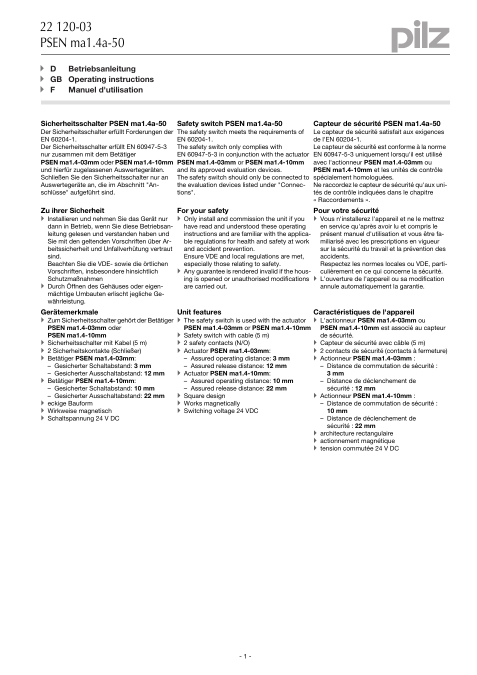 Pilz PSEN ma1.4a-50/PSEN ma1.4-10mm/ 1unit User Manual | 10 pages
